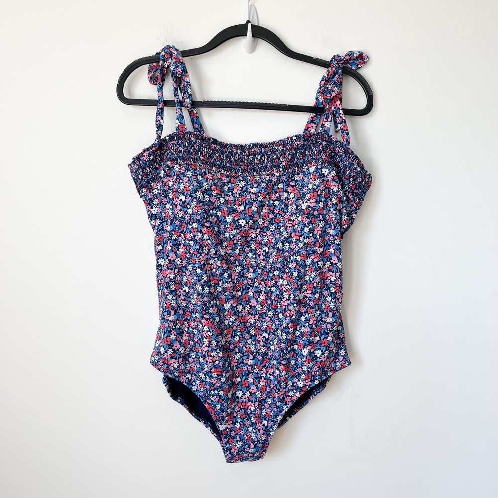 Draper James Lands End Floral Tie Shoulder Smocked One Piece Swimsuit 18W Blue